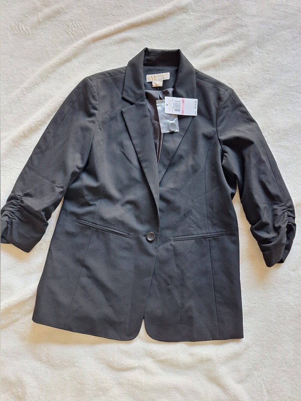 Michael Kors Ruched 3/4 Sleeve Blazer Jacket NWT Black Professional Women Sz 10P
